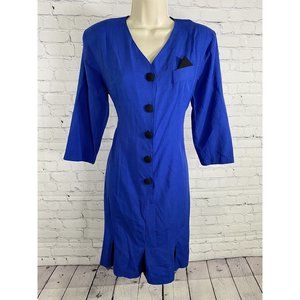 VTG Champagne West 1960s Blue Button Up Shoulder Pad Pleated Shift Dress 8P